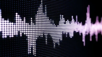 Abstract audio wave on dot matrix display, purple and white, on black background - Powered by Adobe
