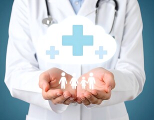 A powerful conceptual image where a doctor's hands are gently shaping a soft, dense cloud of glowing white first aid kit icons.