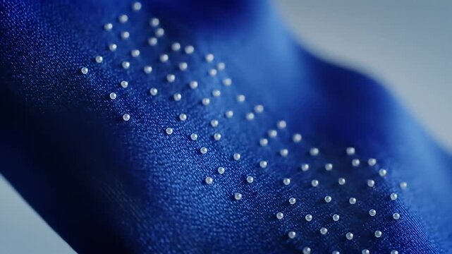 Close up of blue fabric with rows of tiny pearl beads on it, soft focus, light