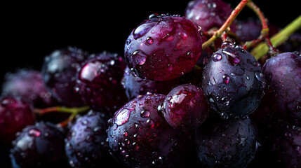Dark Purple Grapes with Water Drops on Dark Background --
