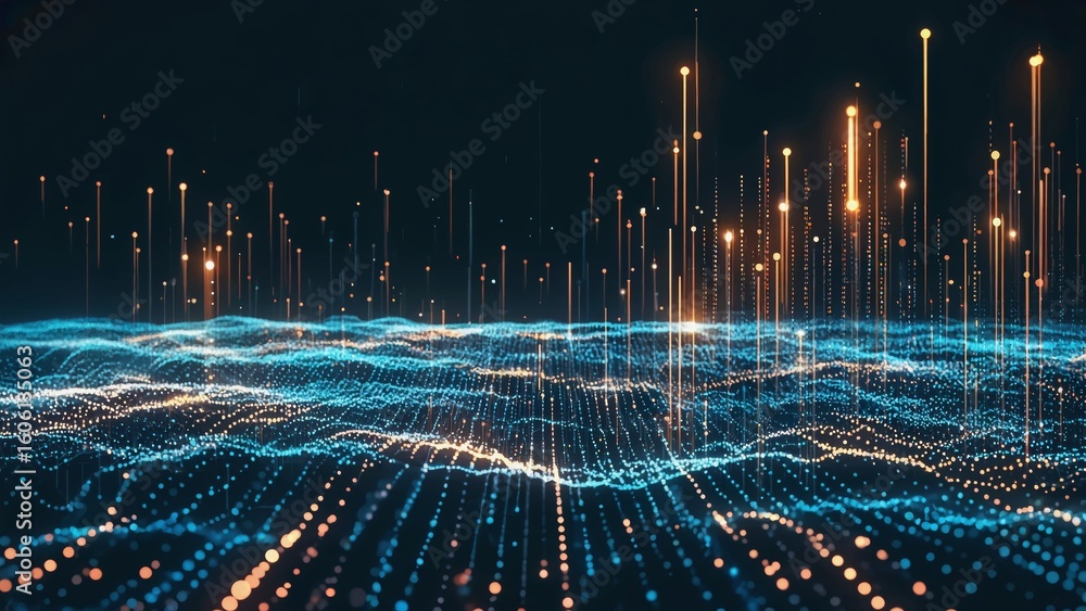 Poster undulating waves of blue and orange digital particles rise and fall against a dark background, futur