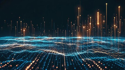 Undulating waves of blue and orange digital particles rise and fall against a dark background, futuristic data streams or abstract digital terrain in a stylized high-tech landscape visualization