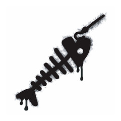 A fish bone icon with spray graffiti isolated on a white background. A fish bone icon with spray graffiti in black on white. Vector illustration.