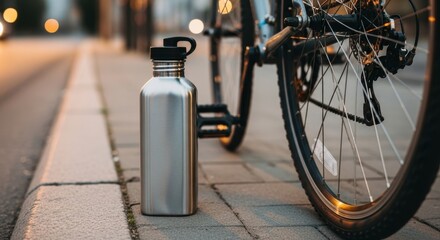 Stainless Steel Water Bottle on Urban Sidewalk Next to a Bicycle Wheel