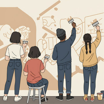 Four people painting a mural on a wall, using brushes and paint buckets, creating a collaborative art piece.
