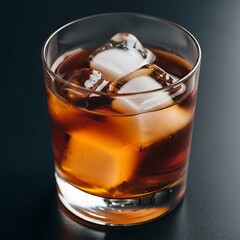 Close-up of a glass of amber-colored drink with ice cubes.