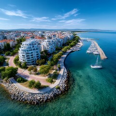 Coastal city waterfront with modern buildings and marina