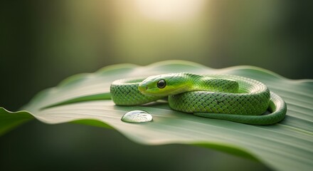 Fototapeta premium Serene Green Snake: Tiny Reptile Coiled on a Lush Leaf with a Water Droplet