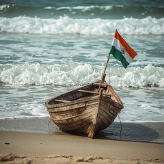 Indian Flag Raised on Old Fishing Boat at Shoreline With Ocean Waves Crashing Behind
