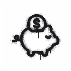 A piggy bank icon with spray-painted graffiti is isolated on a white background. A piggy bank icon with spray-painted graffiti is black on white. Vector illustration.