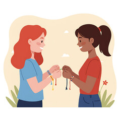 Two smiling girls exchange friendship bracelets, symbolizing their bond and connection.