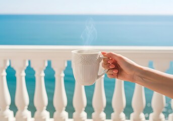 Hand Holding Coffee Mug with Ocean Scenery