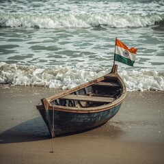 Indian Flag Raised on Old Fishing Boat at Shoreline With Ocean Waves Crashing Behind