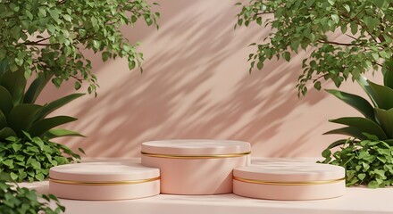 Three tiered display podiums surrounded by lush greenery.