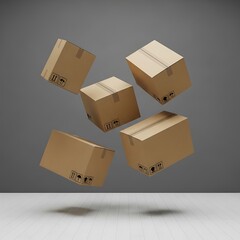Cardboard boxes floating in the air.