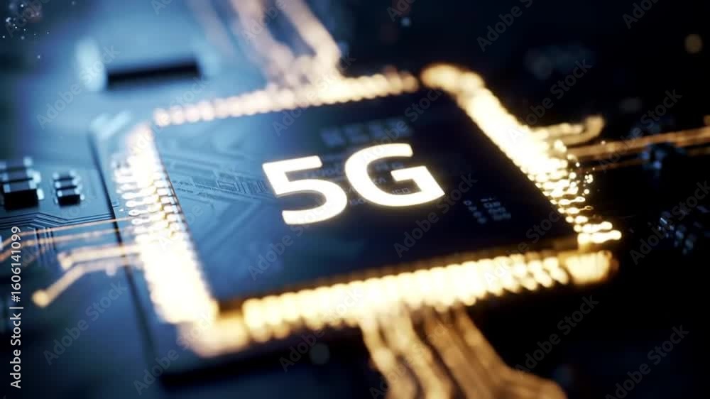 Poster a glowing 5g microchip illuminates the intricate pathways of a futuristic circuit board, symbolizing
