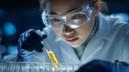 A scientist wearing safety goggles and a lab coat is conducting research with test tubes in a laboratory setting.