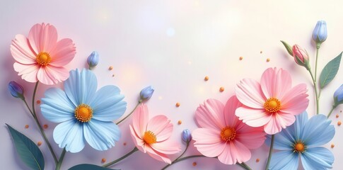 Delicate Pastel Cosmos Flowers Arranged in a Charming Springtime Floral Composition with Soft Light and Subtle Bokeh Effect