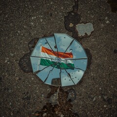 Indian Flag Reflected in Broken Glass Shard on Pavement After Rain for Symbolic Scene
