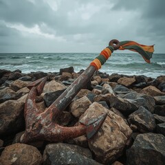 Rusted Anchor With Tricolor Cloth Tied Around It Resting on Rocky Coast for Tribute