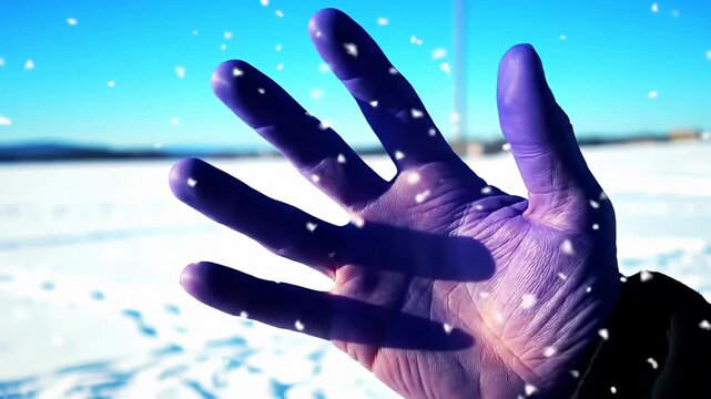 Purple-toned hand reaching out in front of a snowy landscape under a bright blue sky