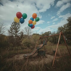 Tricolor Balloons Floating Above Abandoned Playground with Overgrown Grass and Rusty Swings