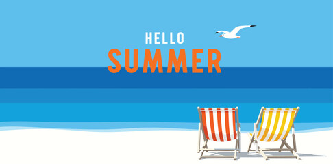 Abstract minimal summer horizontal poster, cover, banner, card with bright sea, blue sky and striped beach chairs.