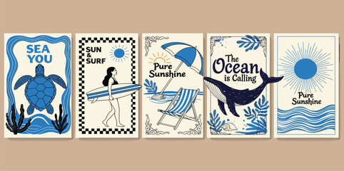 Abstract summer poster or card in doodle style with hand drawn surfer girl with surfboard, whale, sea turtle, sunset in the sea, beach chair and umbrella.