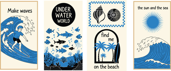 Abstract summer poster or card set in art doodle style with hand drawn surfer on the wave, underwater world, sun, palms, surfboard, sea, seashells.