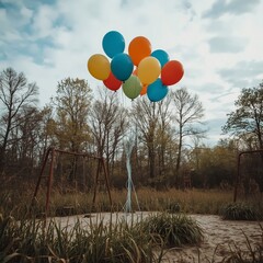 Tricolor Balloons Floating Above Abandoned Playground with Overgrown Grass and Rusty Swings