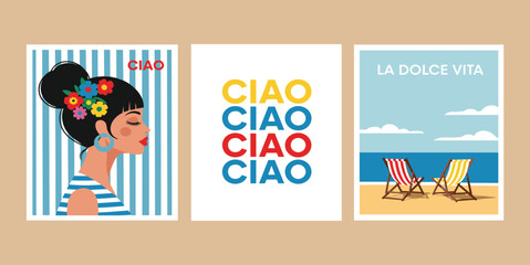 Collection of cute summer posters, cards templates with portrait of a beautiful woman, beach chairs on the seashore and umbrellas against the sky.