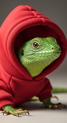 A lizard wearing a red hoodie.