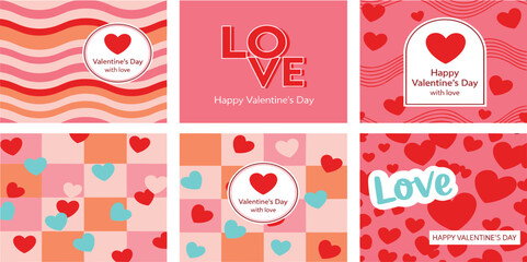 Creative concept of Happy Valentines Day cards set. Modern art design with roses, hearts and modern typography. 