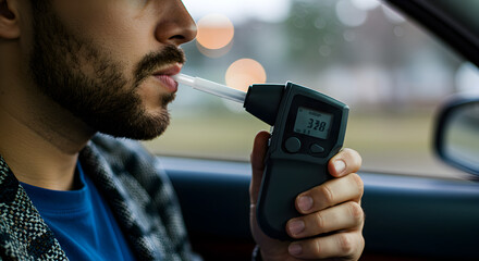 Man Using Breathalyzer in Car with Blue Shirt and Gray Jacket Blurred Background Bokeh Lights Transportation Road Safety Test