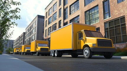 A row of yellow delivery trucks parked in front of a modern building.