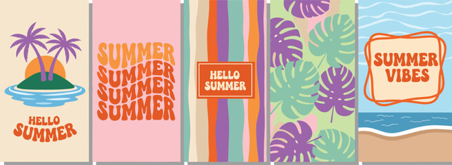Creative concept of summer vacation cards set with abstract pattern, tropical leaves, plants, palms and sea beach