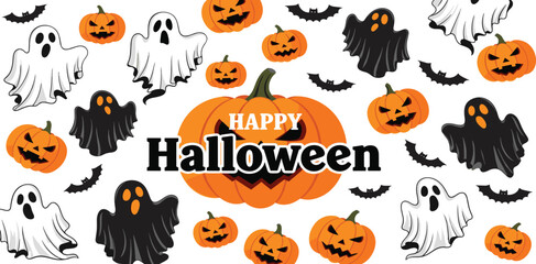 Happy Halloween holiday banner or card with trendy vector illustration with hand-drawn pumpkins, ghosts, bats. 