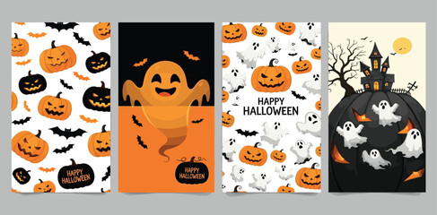 Happy Halloween holiday banner or card with trendy vector illustration with hand-drawn pumpkins, ghosts, bats. 