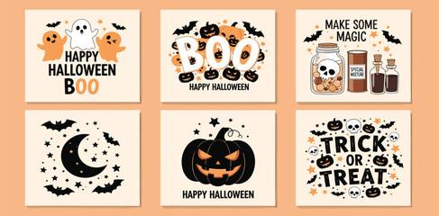Happy Halloween set of cute hand drawn vector cartoon cards or party invitations with ghosts, bat, pumpkin, Halloween wishes