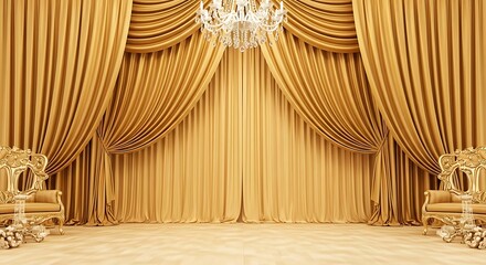 Luxurious golden stage backdrop with elegant drapery and ornate furniture detail