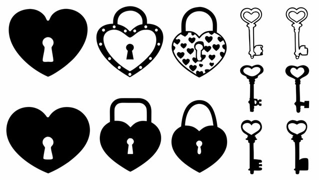 A collection of heart shaped locks and keys in black and white silhouette style for valentine's day
