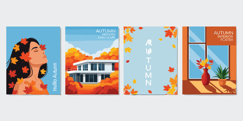 Modern design set of Fall poster, cover, card with portrait of beautiful girl with autumn leaves in her hair, landscape with modern house, autumn plant in the pot. 