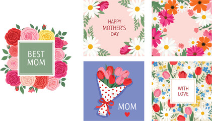 Mothers Day card set. Trendy posters, web banners or covers with wildflowers, daisies, roses, tulips bouquet.