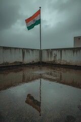 Indian Flag Flying Above Rain-Soaked Rooftop with Reflections in Puddles During Monsoon Morning