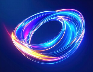 Luminous Torus Abstract Neon Light Trails on Dark Blue Background.