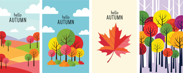 Set of trendy art style abstract autumn poster, cover, card with bright beautiful leaves, plants, autumn forest landscape. 