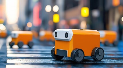 A small orange robot with wheels on a wet street, surrounded by blurred city lights.