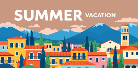 Summer nature landscape poster, web banner, cover, card with old summer town, mountains in the distance, clear sky and typography design.