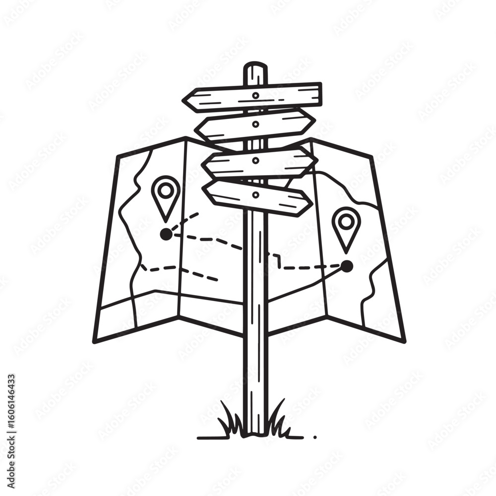 Poster wooden signpost with map and location markers vector