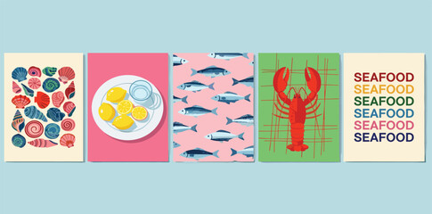 Сollection of cute summer Mediterranean posters, cards templates with lemons, seashells, sardines pattern, lobster and seafood typography design.